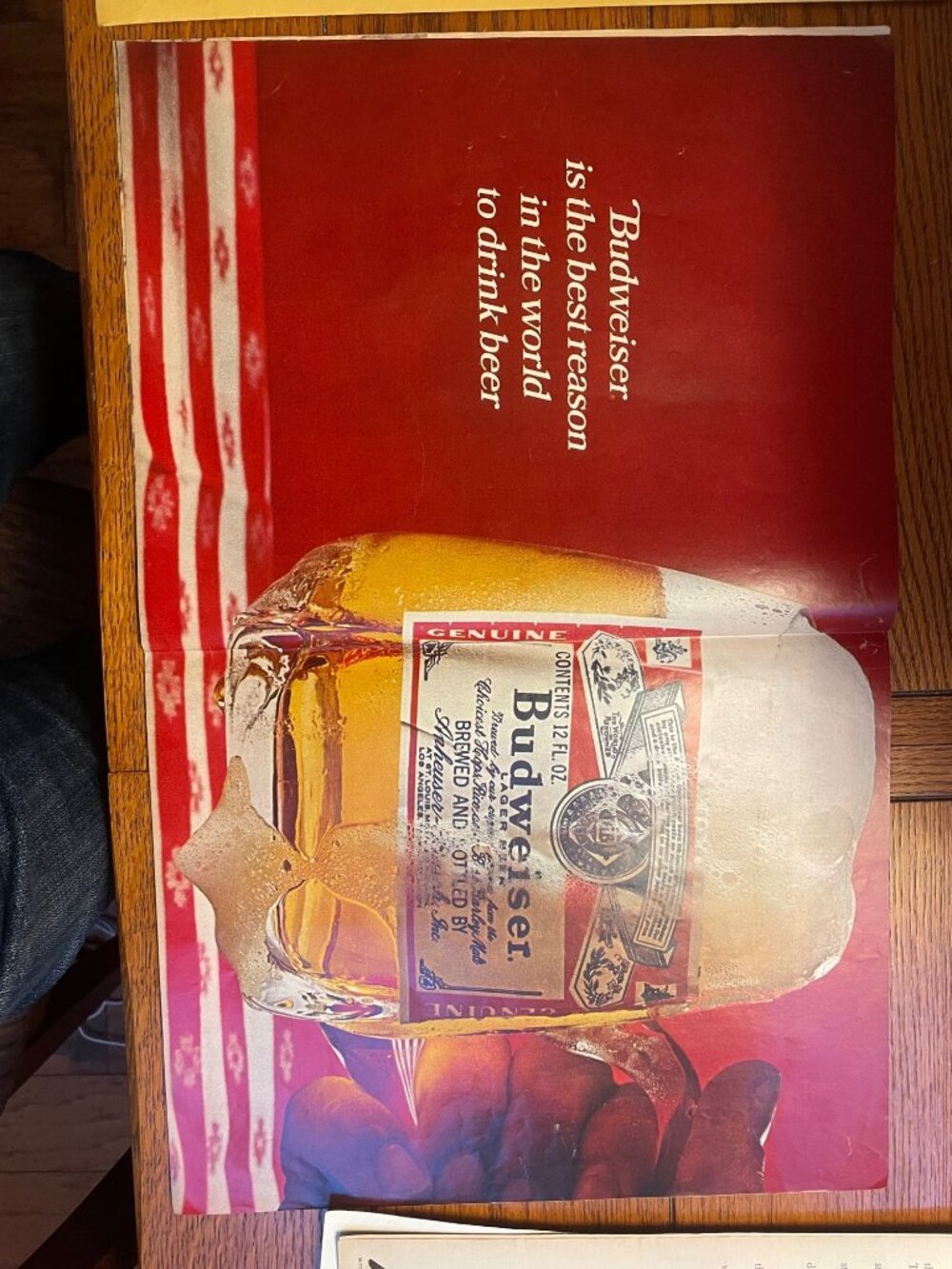 Vintage 1970s Budweiser Beer Print Ad With Frosted Mug & Red Text Design 21x14 I